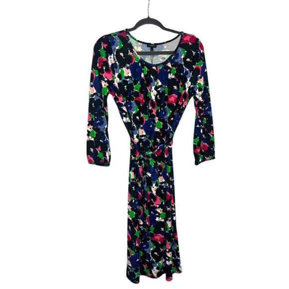 Talbots Dress Black Impressionist Floral Print Long Sleeve Belted Stretch Small - Picture 1 of 9